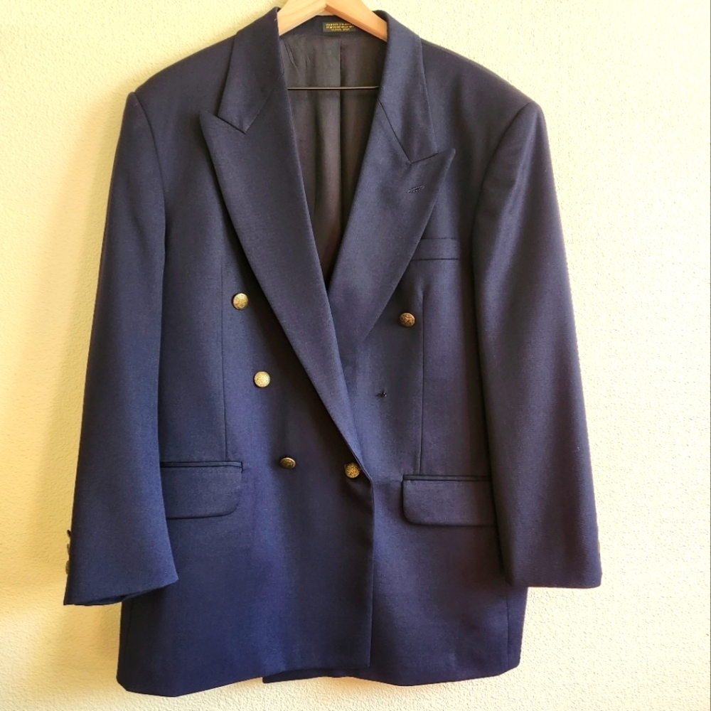 Oscar De La Renta Vintage Wool Gaberdine Double Breasted Navy Blazer
